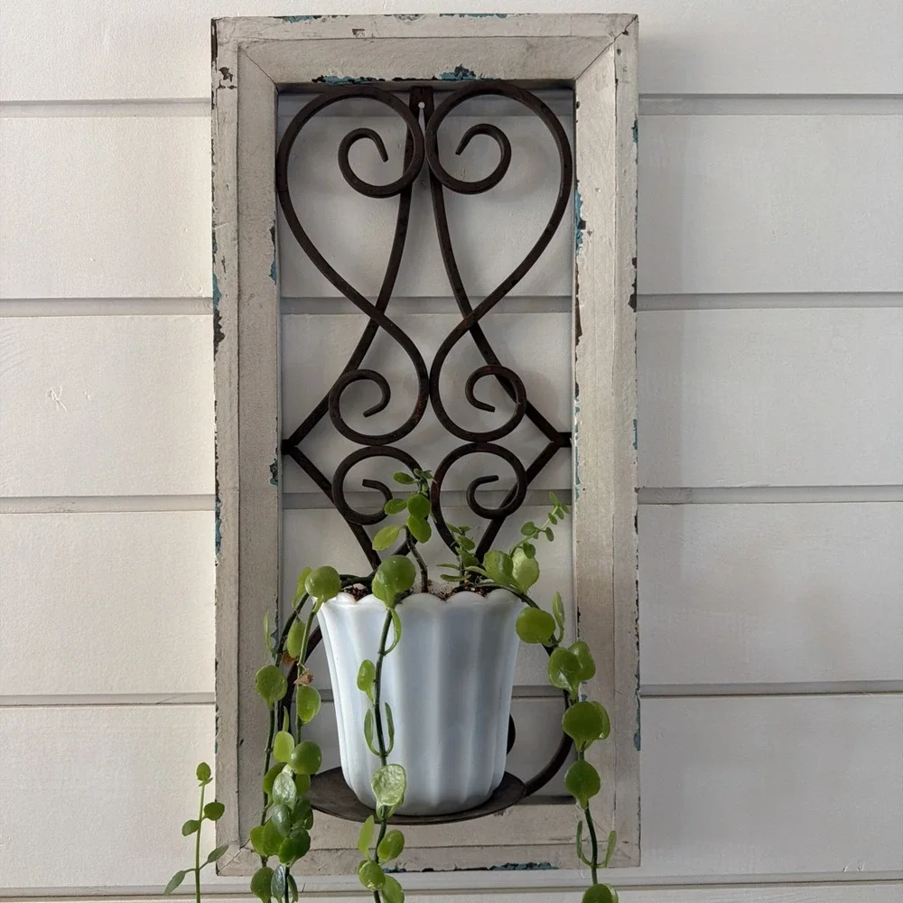 Rustic Farmhouse Wood Frame Wall Decor Metal Scroll Window Candle Or Plant Hold